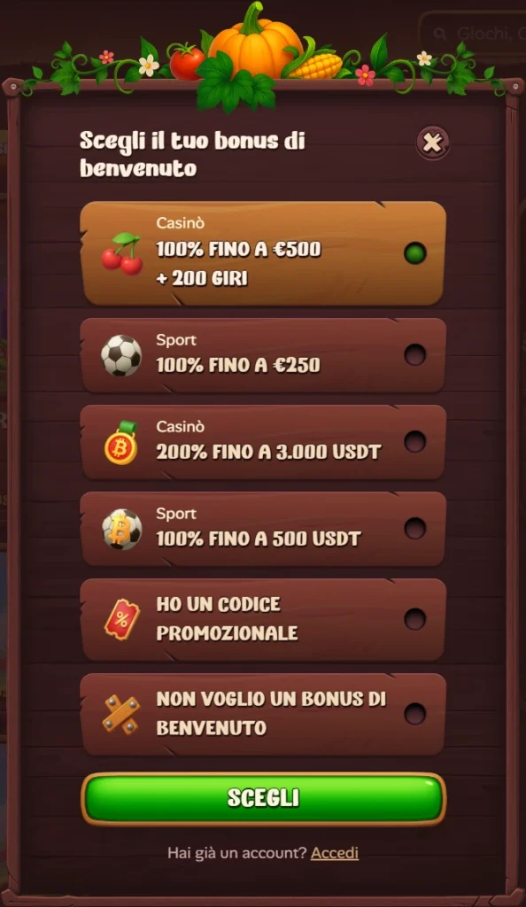 Scegli il tuo bonus di benvenuto: Casino 100% fino a €500, Sport 100% fino a €250