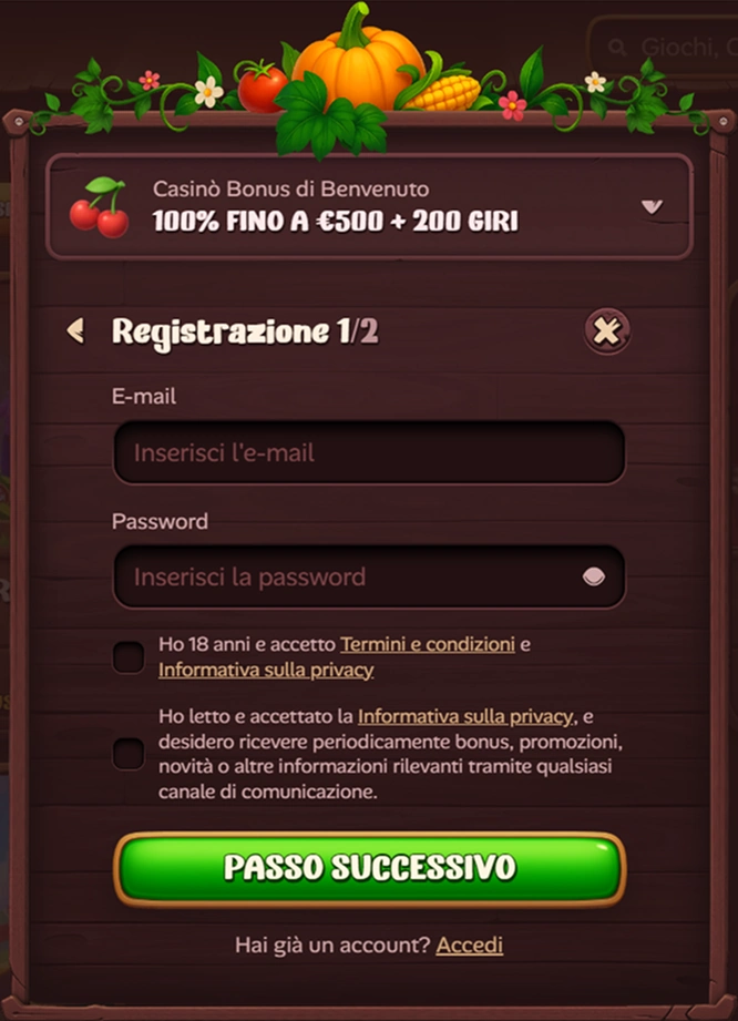 Registrazione Roostino Casino: inserisci email e password per bonus