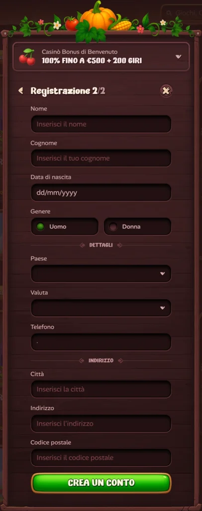 Roostino Casino registrazione modulo con campi nome cognome e data di nascita