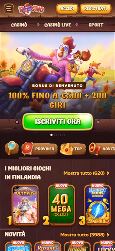 Roostino Casino: bonus di benvenuto fino a €500 + 200 giri