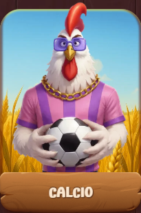 Gallo con occhiali e collana d'oro con pallone da calcio