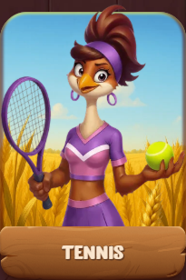 Gallina che gioca a tennis con racchetta e pallina