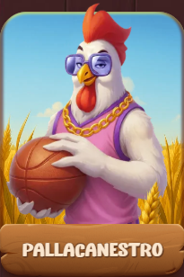 Gallo con occhiali da sole e pallone da basket, testo PALLANESTRO